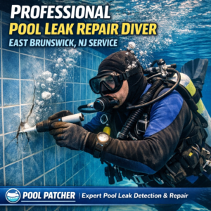 Professional diver inspecting and repairing an underwater pool leak in East Brunswick, NJ.