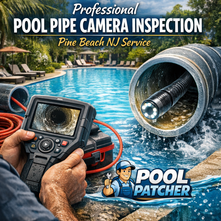 Technician performing a professional pool pipe camera inspection in Pine Beach, NJ using specialized equipment.