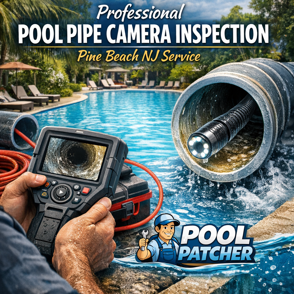 Technician performing a professional pool pipe camera inspection in Pine Beach, NJ using specialized equipment.