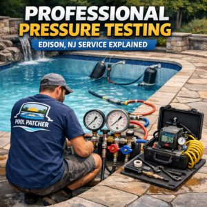 Technician performing professional pool pressure testing with specialized equipment in Edison, NJ.