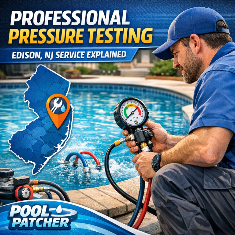 Technician performing pressure testing on pool plumbing pipes in a residential backyard in Edison, NJ.