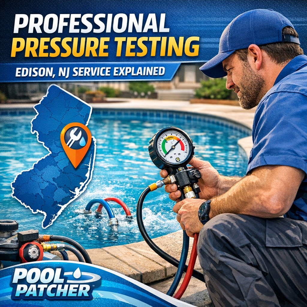 Technician performing pressure testing on pool plumbing pipes in a residential backyard in Edison, NJ.