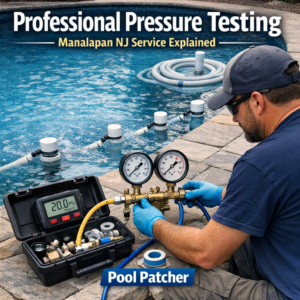 Technician performing professional pool pressure testing with equipment in Manalapan, NJ.