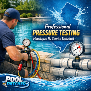 Technician performing professional pool pressure testing on plumbing pipes in residential backyard in Manalapan, NJ.