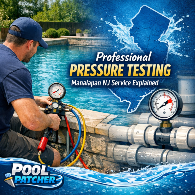 Technician performing professional pool pressure testing on plumbing pipes in residential backyard in Manalapan, NJ.