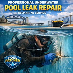 Technician performing underwater pool leak repair in a residential pool in Belmar, NJ.