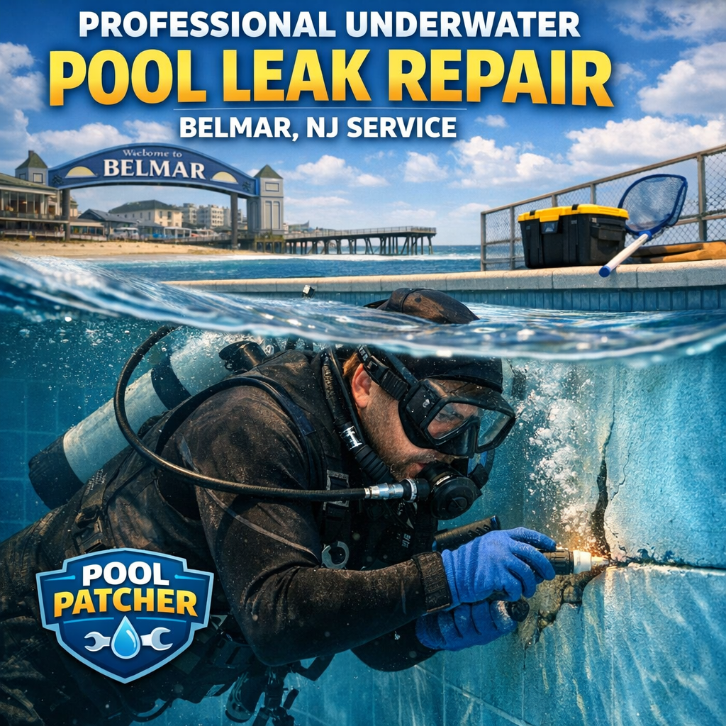 Technician performing underwater pool leak repair in a residential pool in Belmar, NJ.