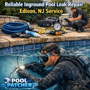 Technician repairing a leak in an inground pool with specialized equipment in Edison, NJ.