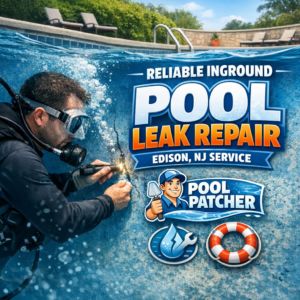 Underwater view of a technician repairing an inground pool leak using specialized equipment in Edison, NJ.