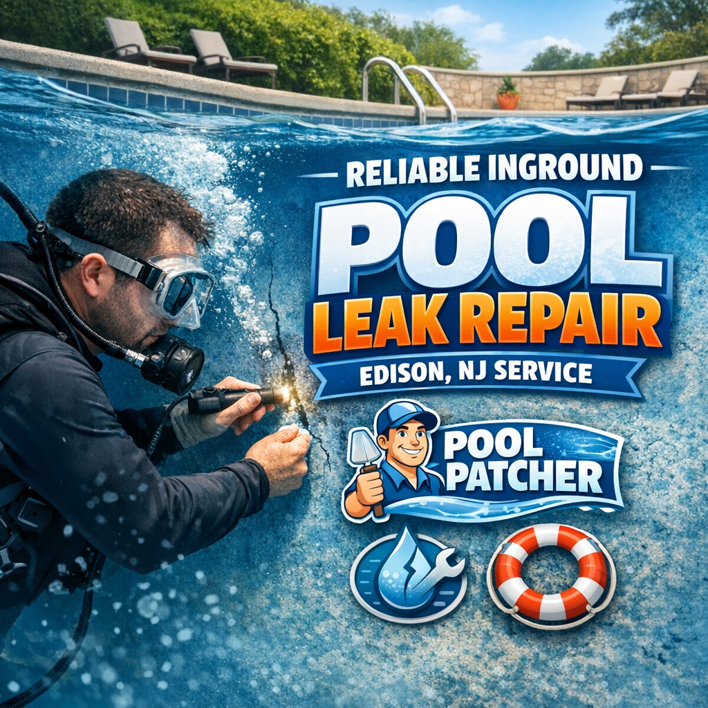 Underwater view of a technician repairing an inground pool leak using specialized equipment in Edison, NJ.