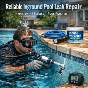Technician applying advanced leak seal to an inground pool in Hamilton, NJ for reliable repair service.