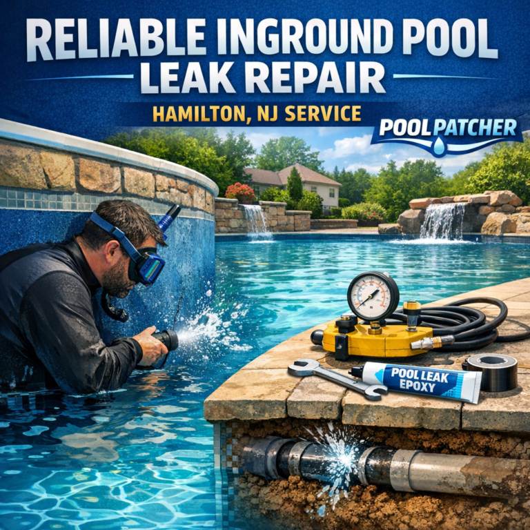 Technician repairing an inground pool leak in Hamilton, NJ with specialized tools and equipment.