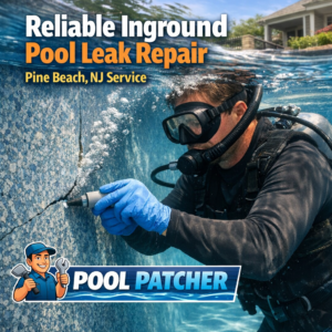 Technician repairing an inground pool leak with specialized tools in Pine Beach, NJ.