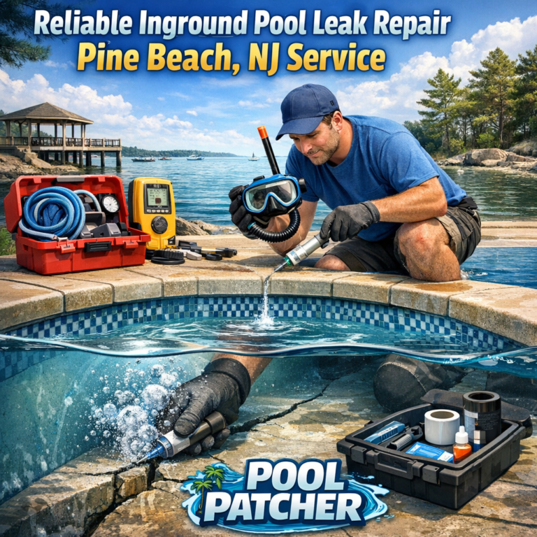 Technician repairing an inground pool leak using specialized equipment in Pine Beach, NJ.