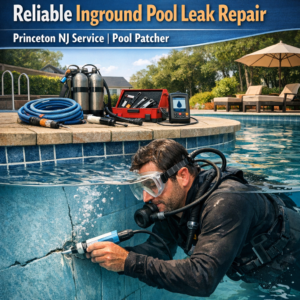 Technician repairing an inground pool leak with specialized tools in Princeton, NJ.