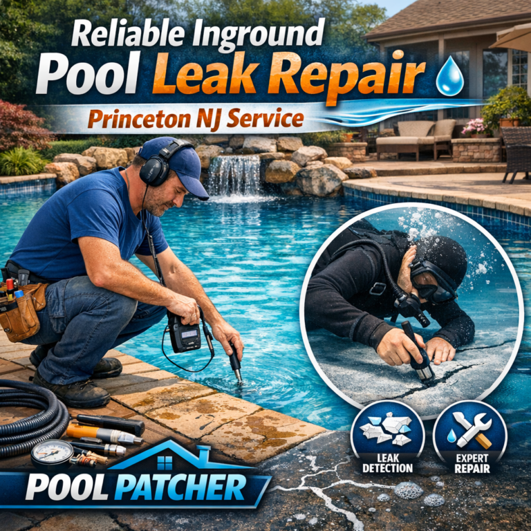 Technician repairing an inground pool leak with specialized leak detection equipment in Princeton, NJ.