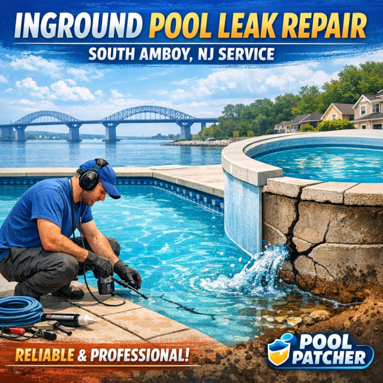 Technician repairing an inground pool leak with specialized equipment in South Amboy, NJ.