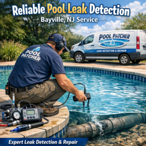 Technician inspecting a residential pool for leaks using electronic detection equipment in Bayville, NJ.