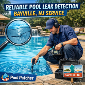 Technician using electronic equipment to detect a pool leak in a backyard pool in Bayville, NJ.