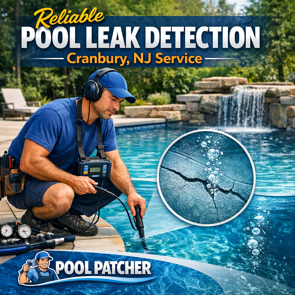 Technician using electronic equipment to detect pool leaks, working on a backyard pool in Cranbury, NJ.