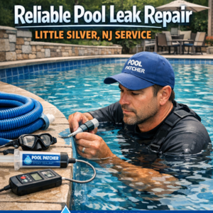 Technician repairing a pool leak with professional tools in a residential backyard in Little Silver, NJ.