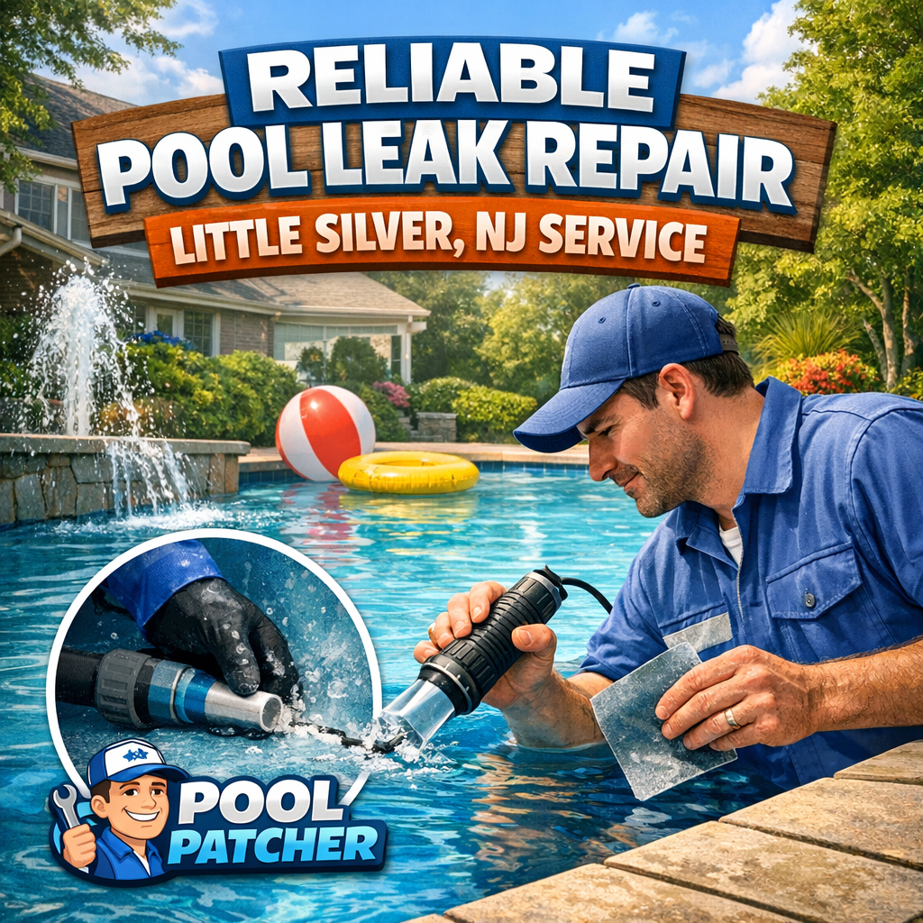 Technician repairing a pool leak with tools and equipment in an outdoor residential pool area.