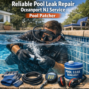 Technician applying sealant to a pool wall, repairing a leak with professional pool patching tools.