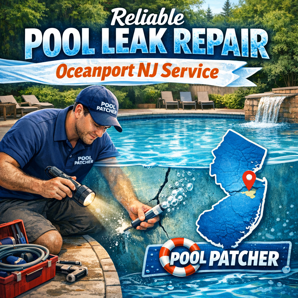 Technician repairing a pool leak with equipment near water, ensuring reliable pool maintenance in Oceanport, NJ.