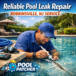 Technician using specialized equipment to repair a swimming pool leak in Robbinsville, NJ.