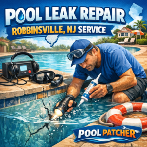 Technician performing professional pool leak repair on a residential pool in Robbinsville, NJ.
