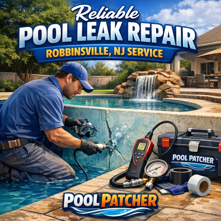 Technician performing professional pool leak repair with equipment by a residential pool in Robbinsville, NJ.
