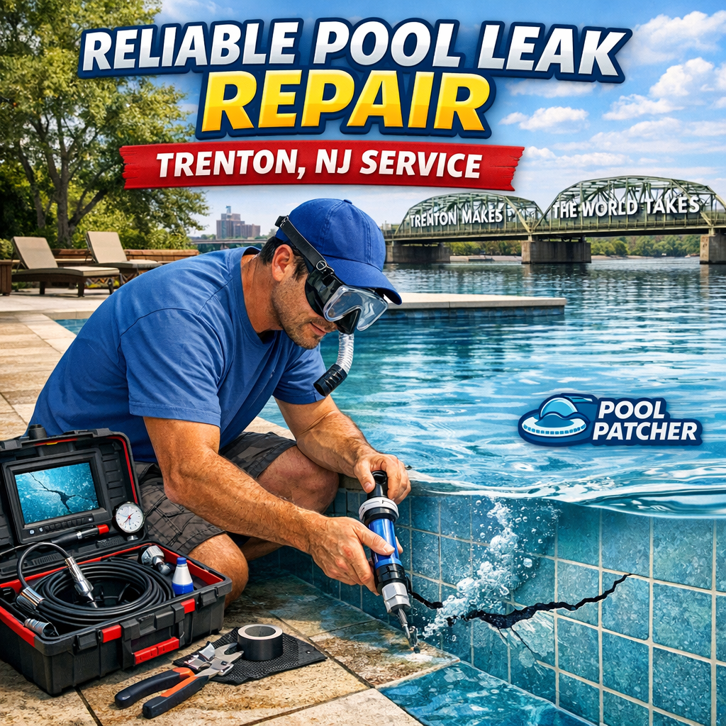 Technician from Pool Patcher repairing a swimming pool leak with specialized equipment in Trenton, NJ.