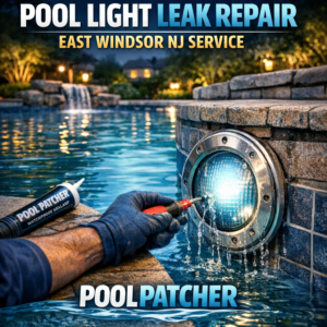 Technician repairing a pool light leak underwater with specialized tools in East Windsor, NJ.