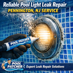 Technician repairing a pool light leak with specialized equipment at a residential pool in Pennington, NJ.