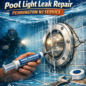 Technician repairing underwater pool light leak with epoxy in Pennington, NJ pool.