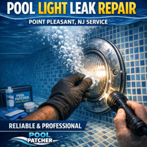Technician repairing a pool light leak underwater using specialized tools in a residential pool.