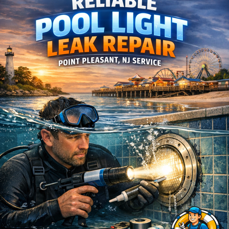 Underwater technician repairing a pool light leak professionally in Point Pleasant, NJ.