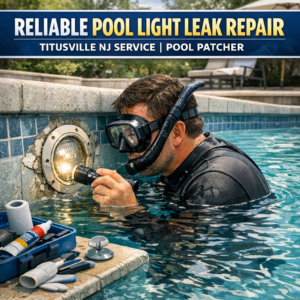 Technician repairing a pool light leak underwater with specialized tools in a residential pool in Titusville, NJ.