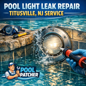 Technician repairing a pool light leak underwater in a residential pool, ensuring safe and reliable pool lighting.