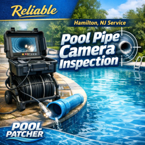 Technician performing a pool pipe camera inspection using specialized equipment in Hamilton, NJ.