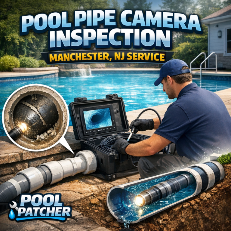 Technician using a camera inspection tool to examine pool pipes in Manchester, NJ for Pool Patcher.