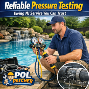Technician performing professional pool pressure testing at a residential pool in Ewing, NJ.
