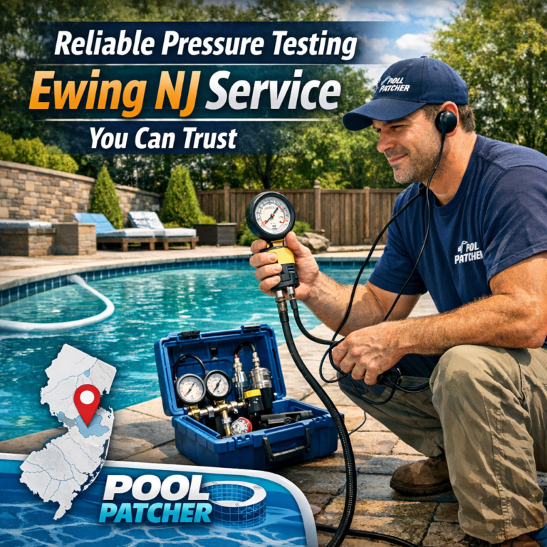 Technician performing professional pool pressure testing service in Ewing, NJ with specialized equipment.