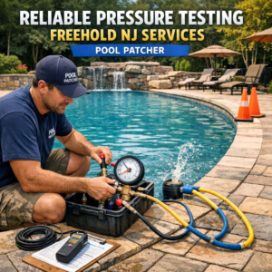 Professional technician conducting reliable pressure testing on a pool in Freehold, NJ.