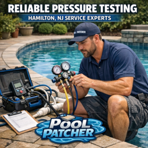 Technician performing pressure testing on a pool system in Hamilton, NJ for reliable service.