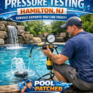 Technician performing professional pool pressure testing using equipment near a pool in Hamilton, NJ.
