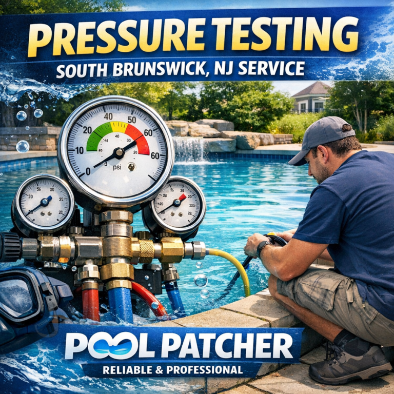 Technician performing professional pool pressure testing on pipes in South Brunswick, NJ.