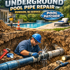 Technician repairing underground pool pipe with tools and equipment outdoors in Rumson, NJ.