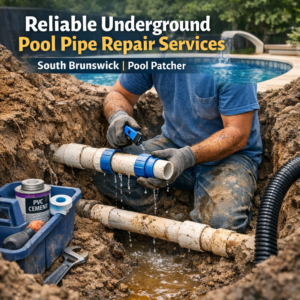 Technician repairing underground pool pipes with tools in South Brunswick for reliable pipe repair services.