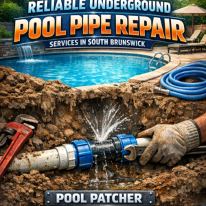 Technician repairing underground pool pipes with tools and safety gear in a residential backyard.